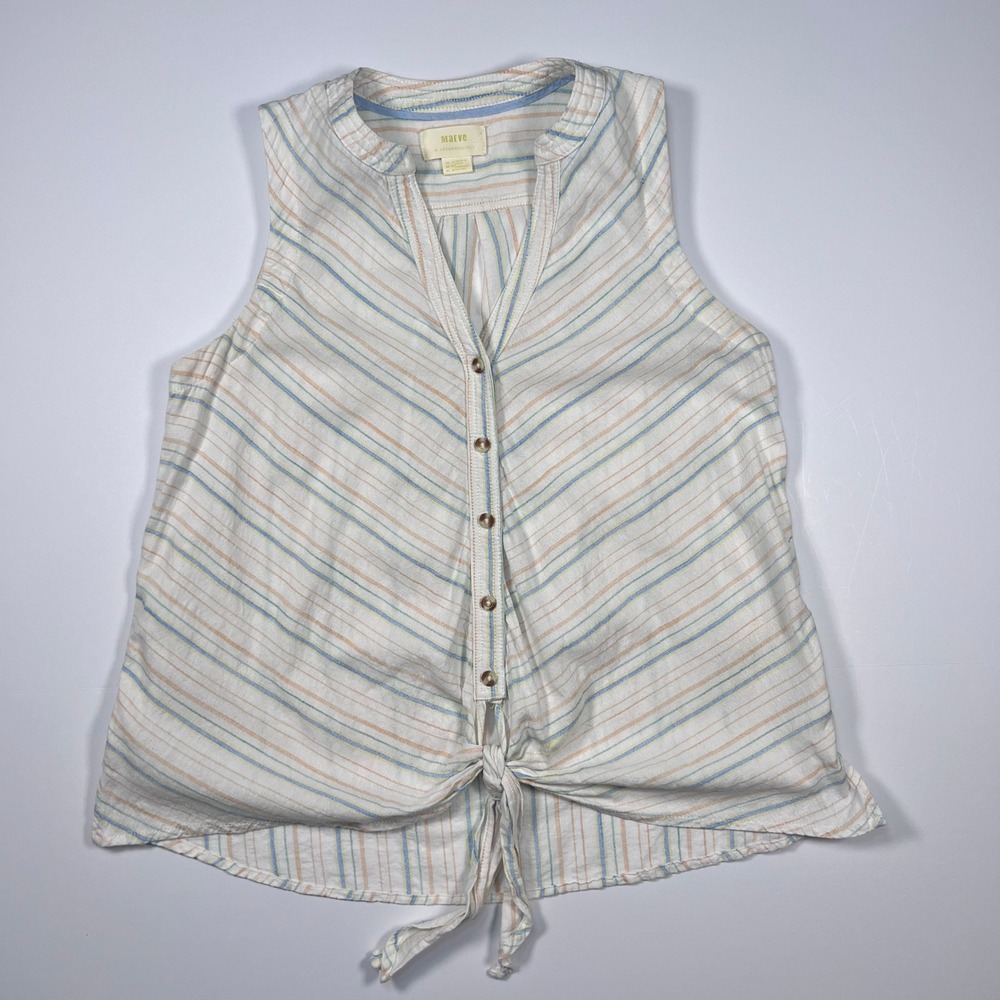 Maeve Anthropologie Sleeveless Top Size 6 White Striped Tie Front‎ Cotton Blouse